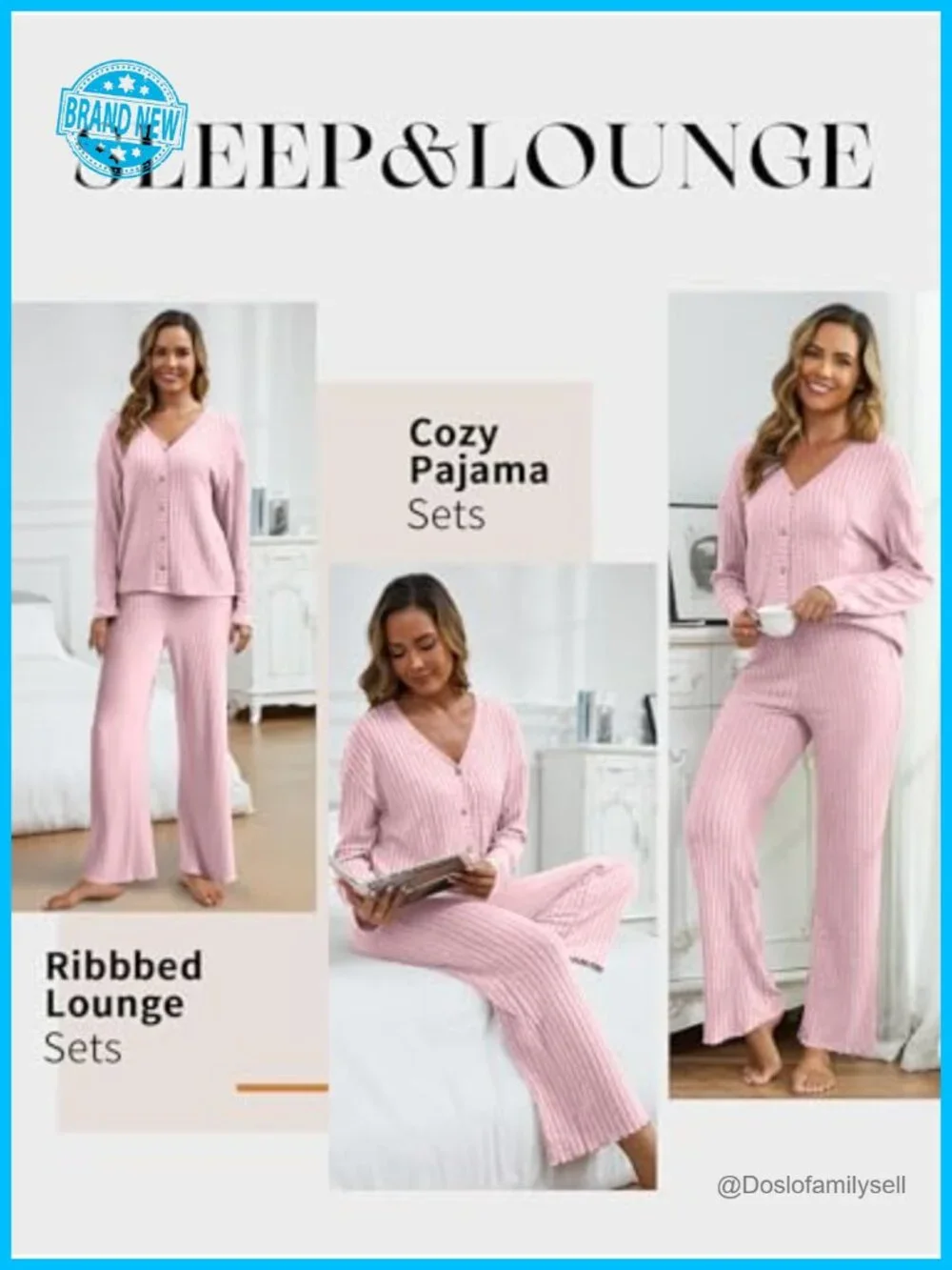 Women's 2 Piece Lounge Pajama Set Ribbed Long Sleeve Button Top Matching Pants